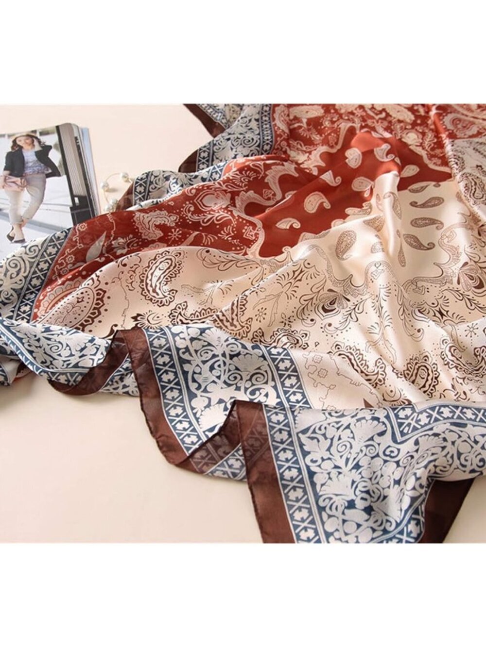 Women's Light Brown Lightweight Silk Scarves Flower Print Head Cotton Wrap Scarf - Picture 3 of 5